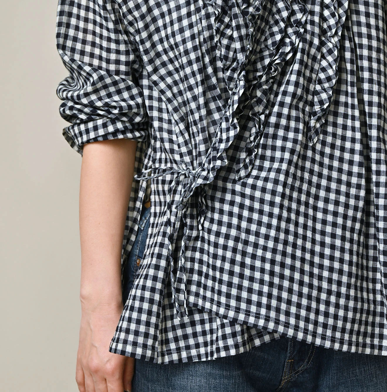 45R(フォーティファイブアール) |ガーゼギンガムのフリルカシュクール（インディゴ）