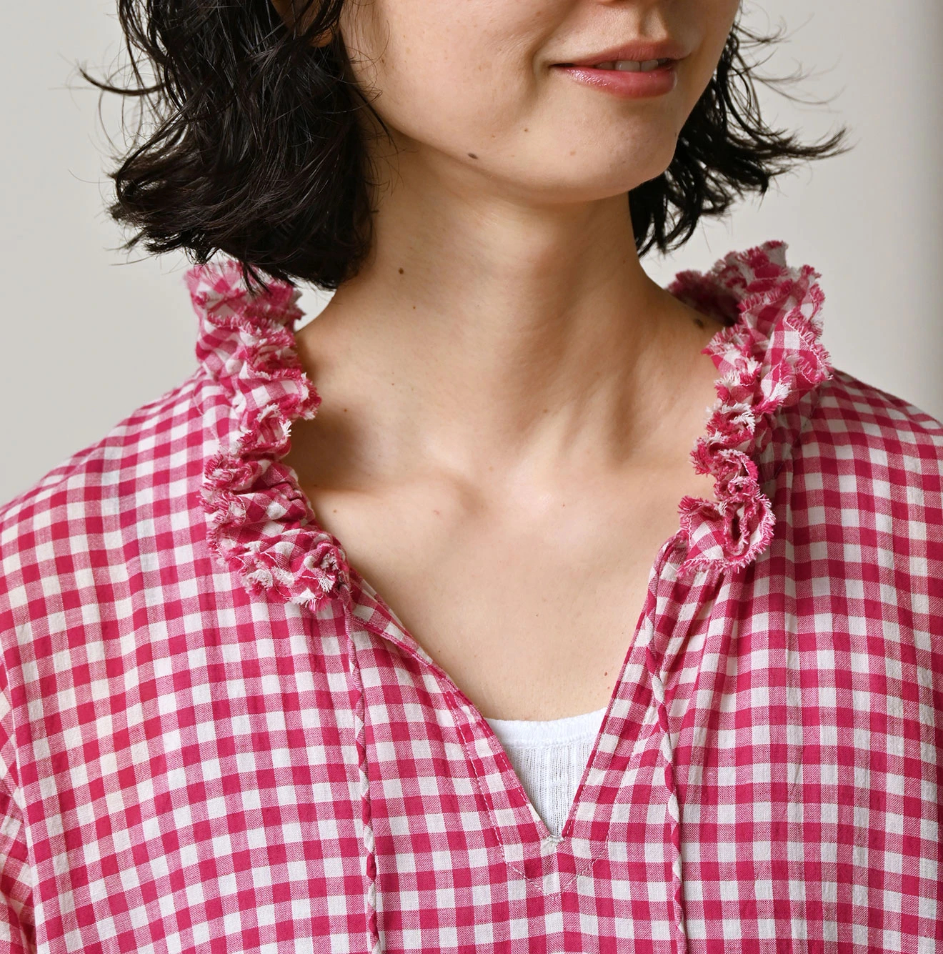 45R(フォーティファイブアール) |ガーゼギンガムのフリルカラードレス