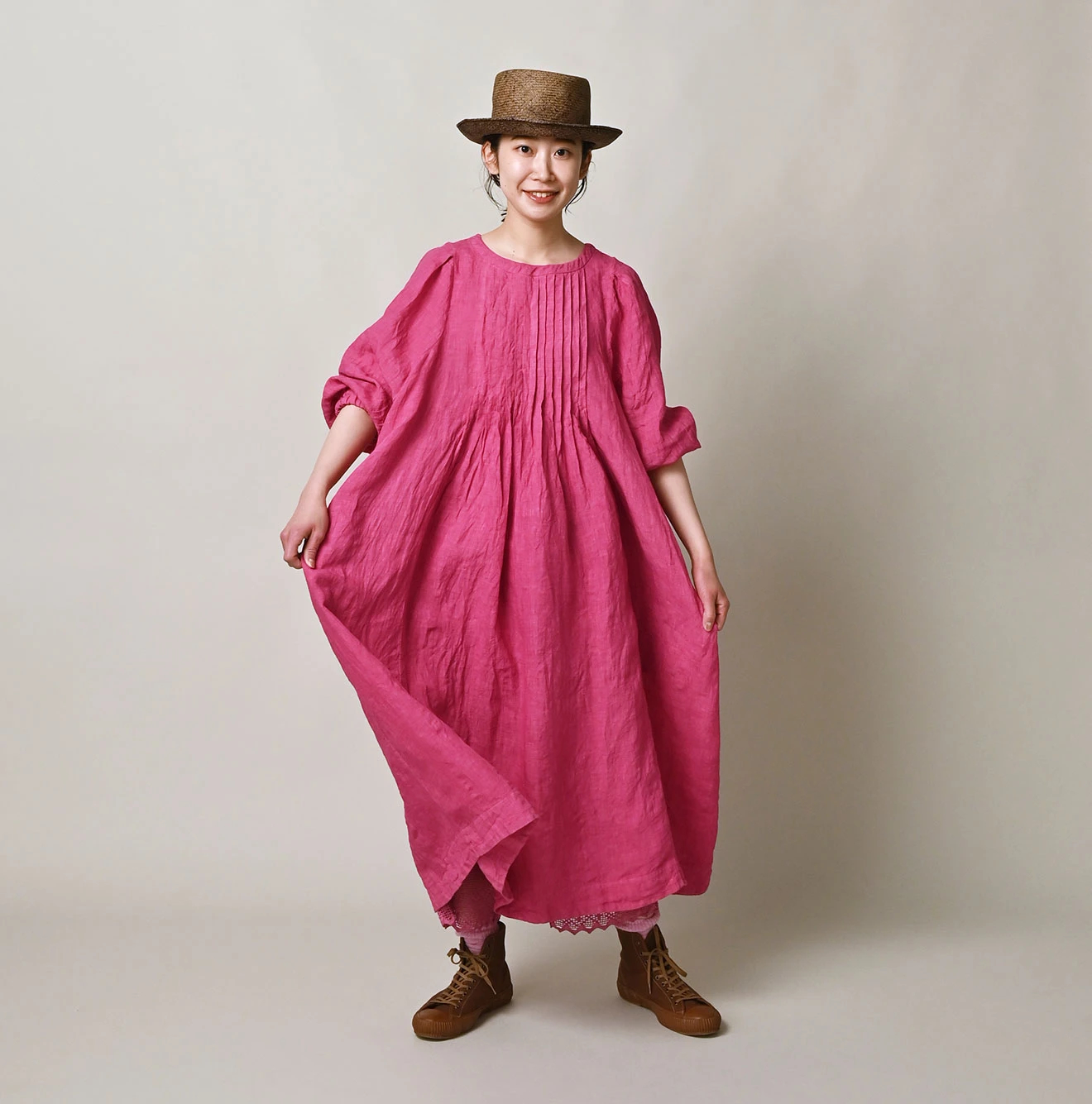 45R(フォーティファイブアール) |インドリネンのタックドレス（45草染）