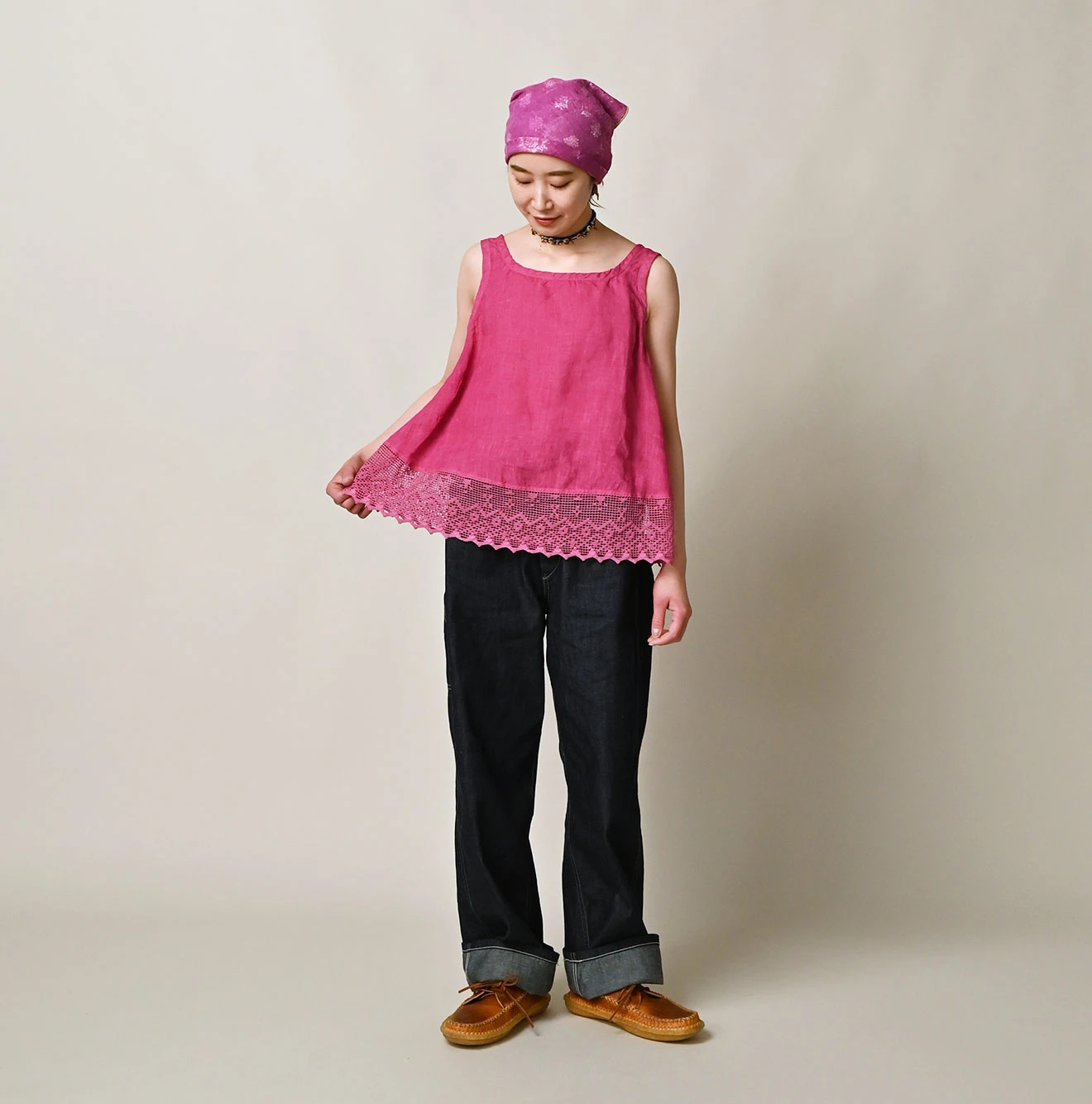 45R(フォーティファイブアール) |インドリネン×レースのフレアキャミソール（45草染）