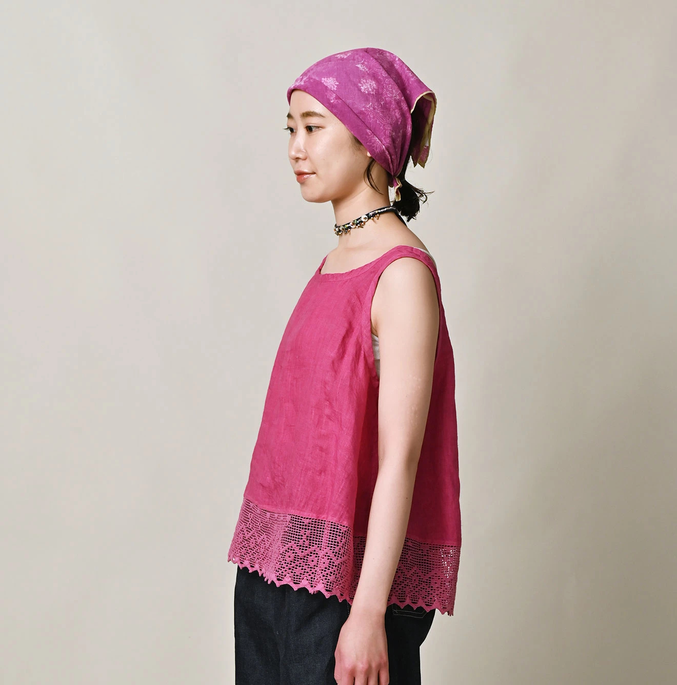 45R(フォーティファイブアール) |インドリネン×レースのフレアキャミソール（45草染）