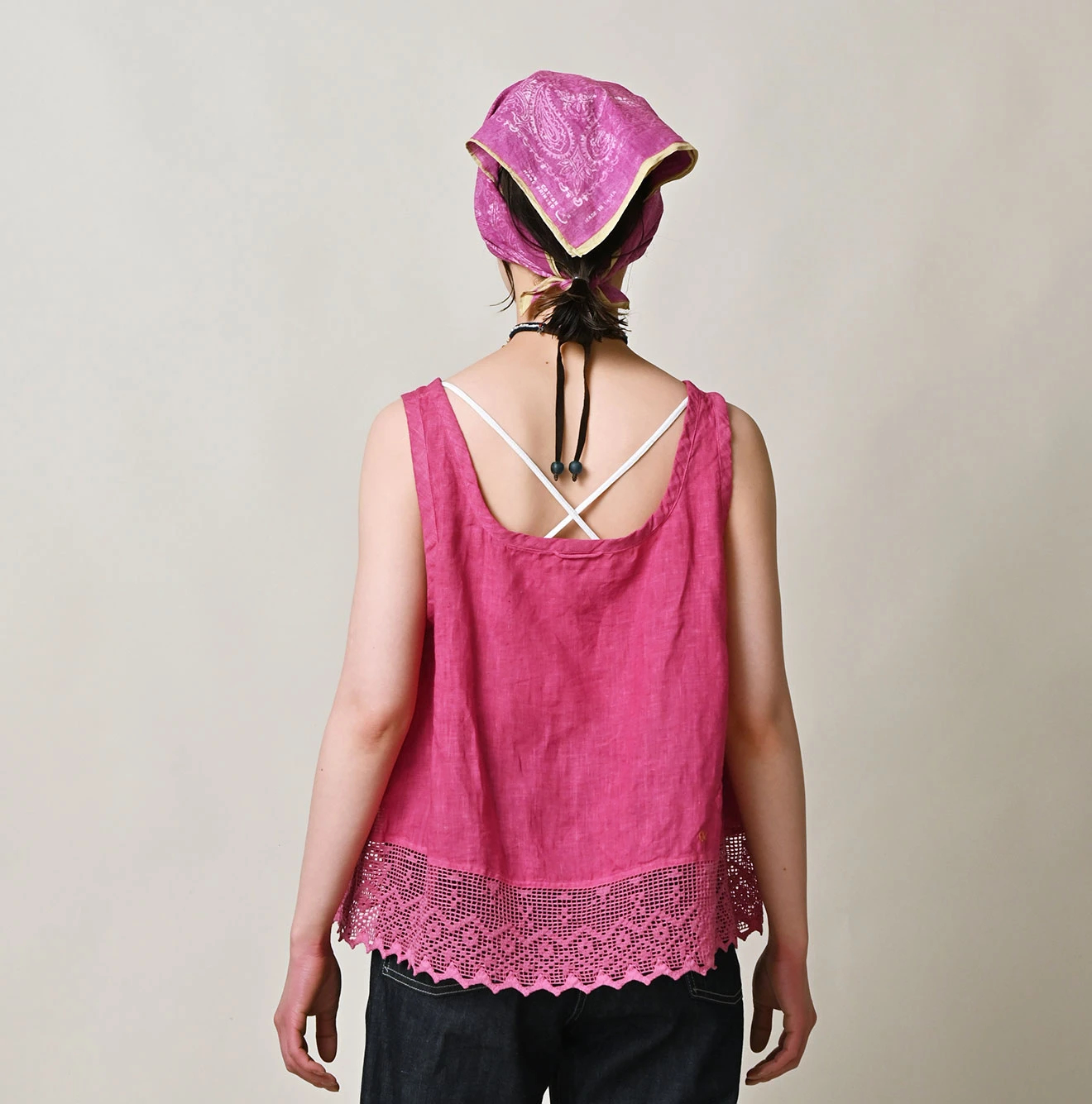 45R(フォーティファイブアール) |インドリネン×レースのフレアキャミソール（45草染）