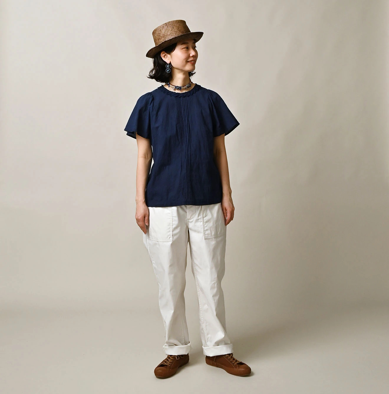 45R(フォーティファイブアール) |インドカディのピンタックレースブラウス（藍）