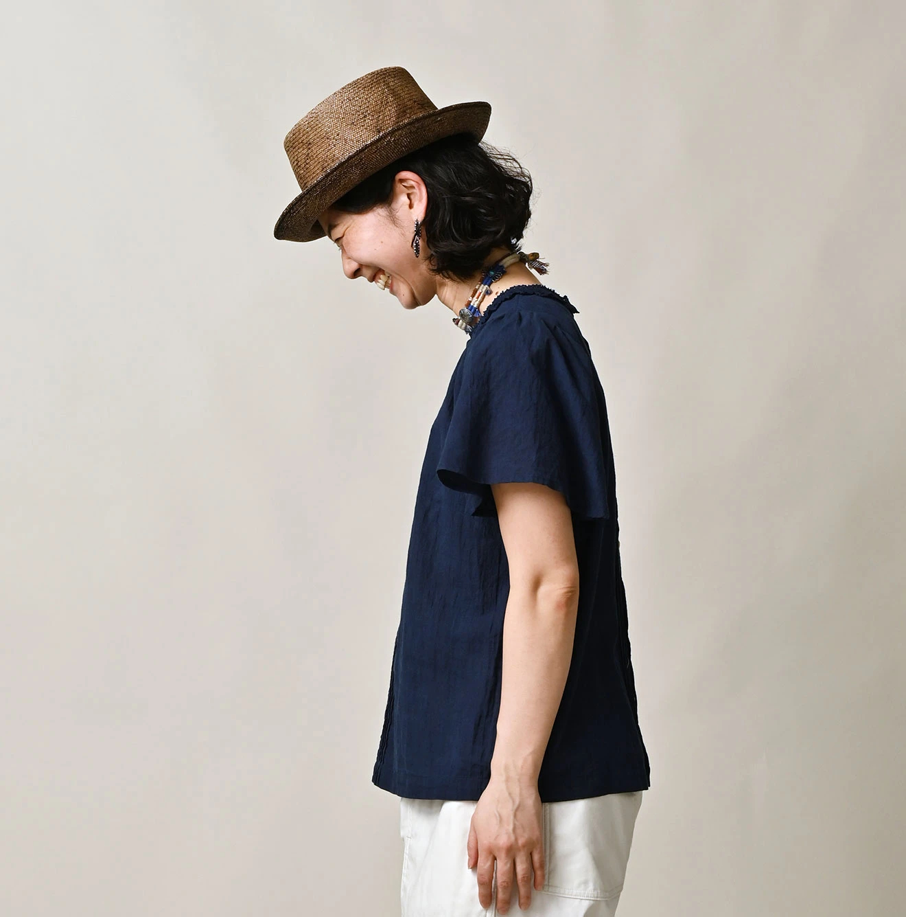 45R(フォーティファイブアール) |インドカディのピンタックレースブラウス（藍）