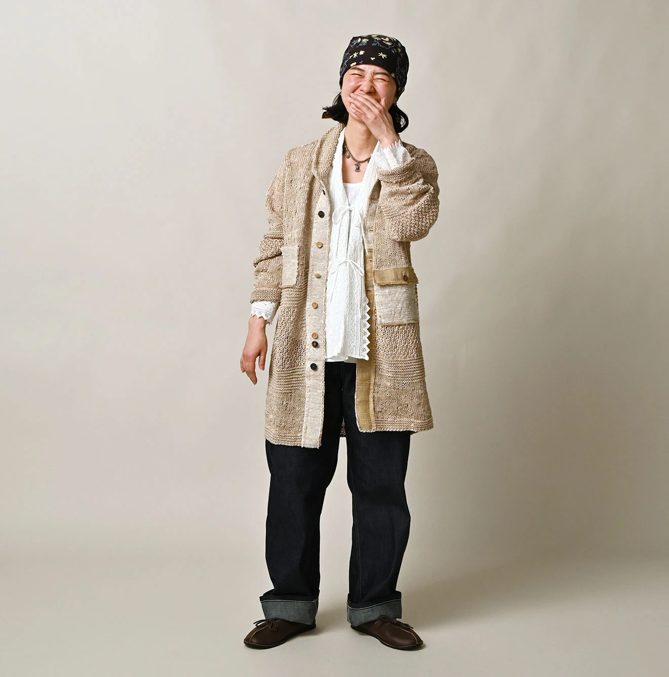 45R(フォーティファイブアール) |リネンギマのパッチワークロングカーディガン（ホワイトトップ）