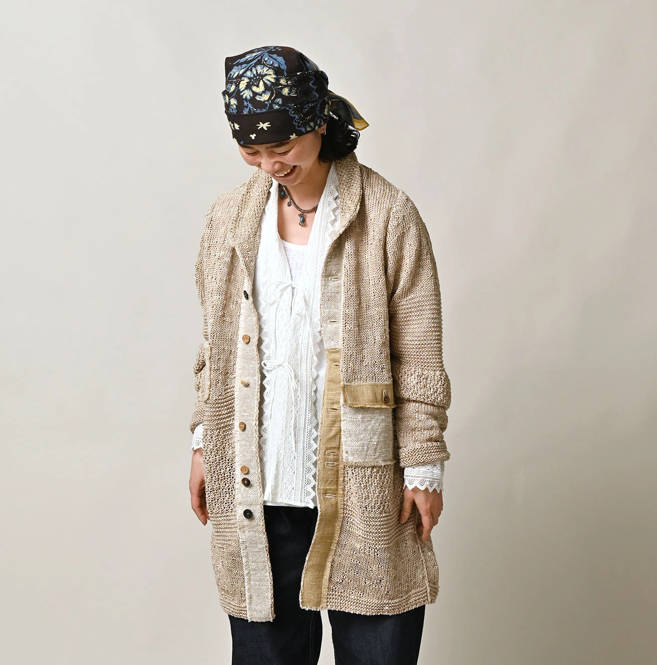 45R(フォーティファイブアール) |リネンギマのパッチワークロングカーディガン（ホワイトトップ）