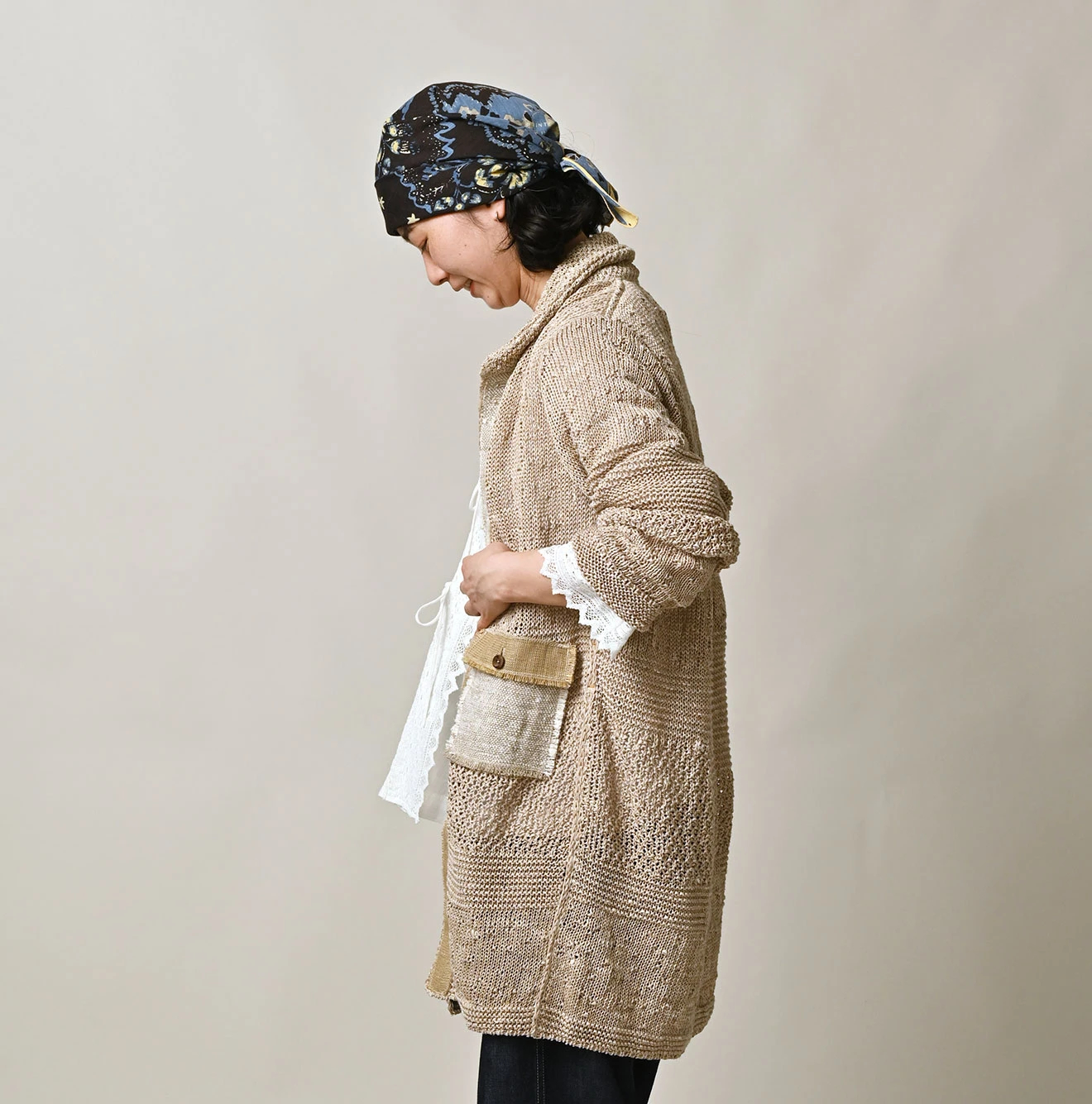 45R(フォーティファイブアール) |リネンギマのパッチワークロングカーディガン（ホワイトトップ）