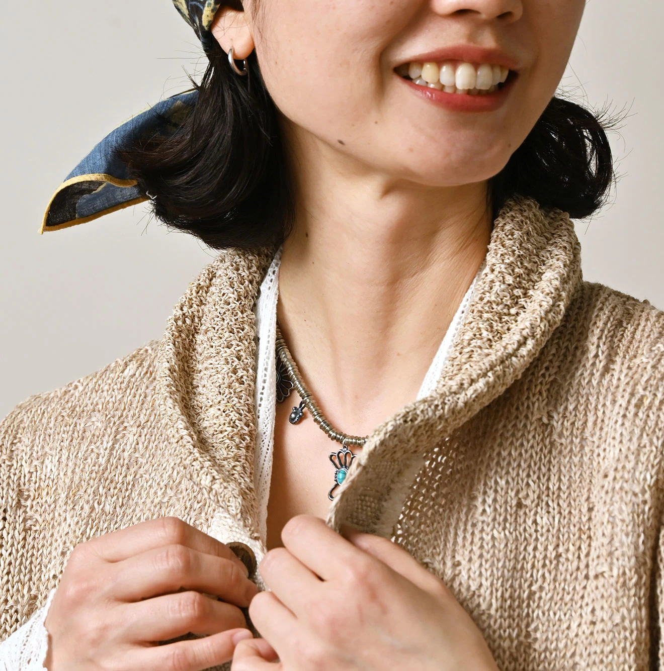 45R(フォーティファイブアール) |リネンギマのパッチワークロングカーディガン（ホワイトトップ）