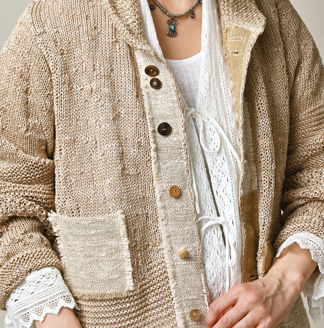 45R(フォーティファイブアール) |リネンギマのパッチワークロングカーディガン（ホワイトトップ）