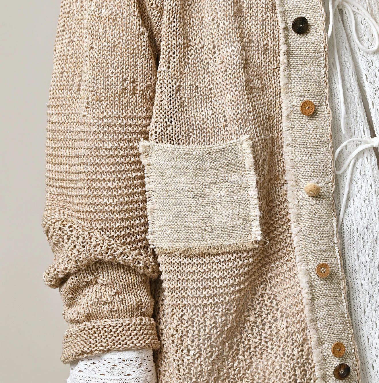 45R(フォーティファイブアール) |リネンギマのパッチワークロングカーディガン（ホワイトトップ）