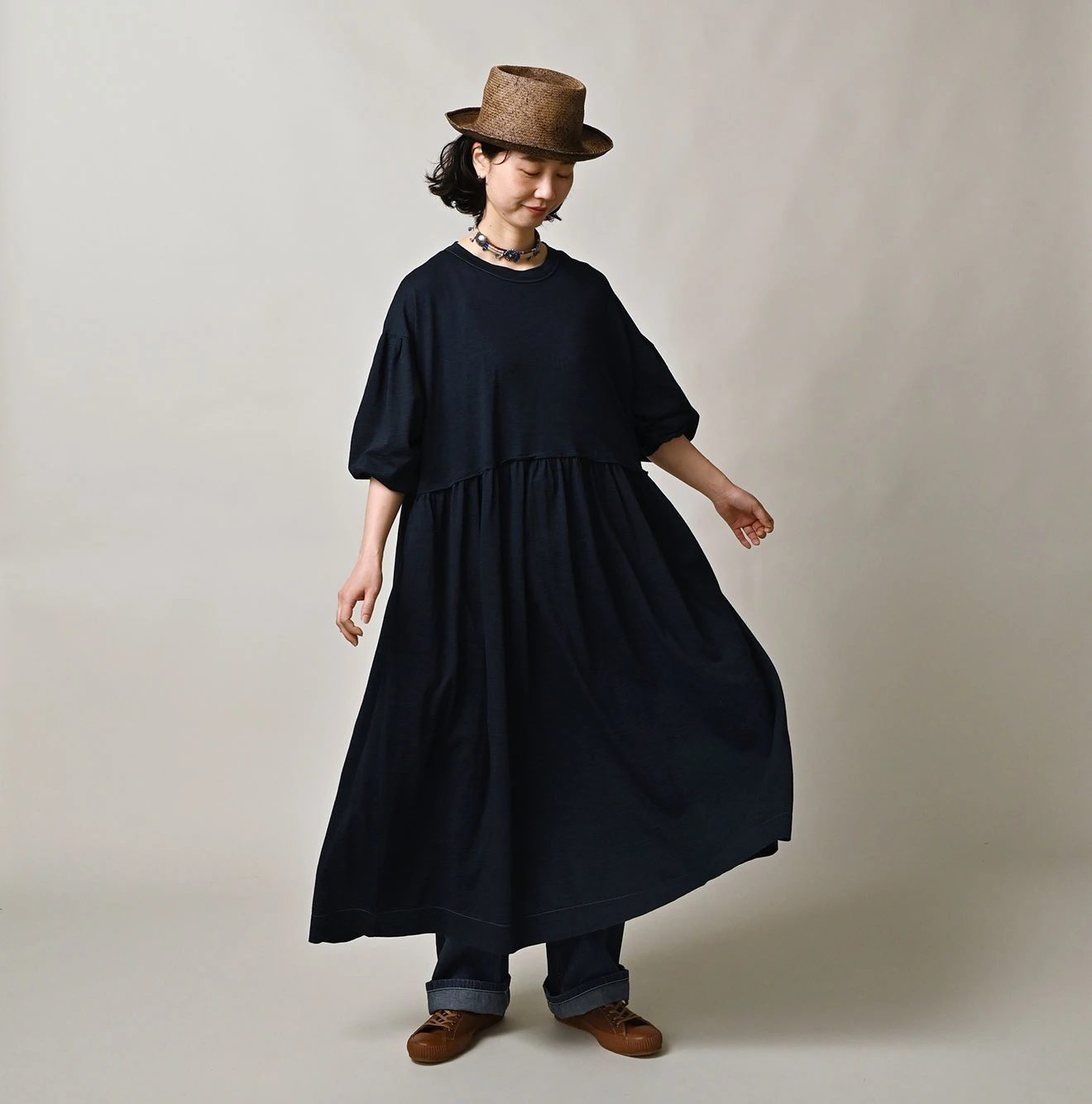 45R(フォーティファイブアール) |天竺のパフドレス（インディゴ）