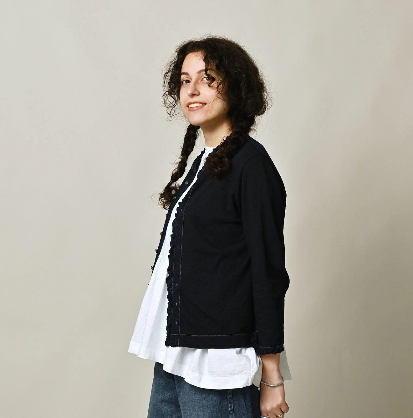 45R(フォーティファイブアール) |天竺のフリル四角カーディガン（インディゴ）