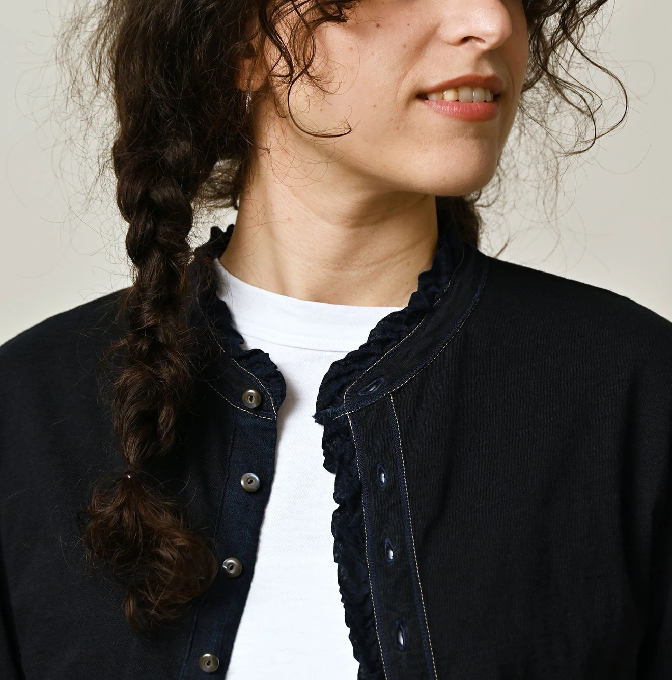 45R(フォーティファイブアール) |天竺のフリル四角カーディガン（インディゴ）