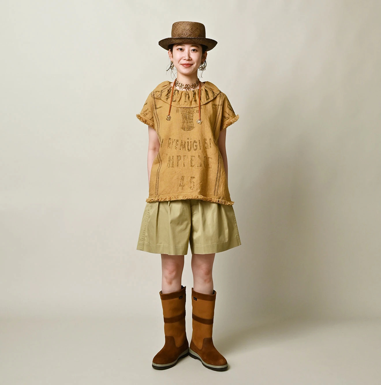 45R(フォーティファイブアール) |インドリネンサックのフリンジノースリーブトップ