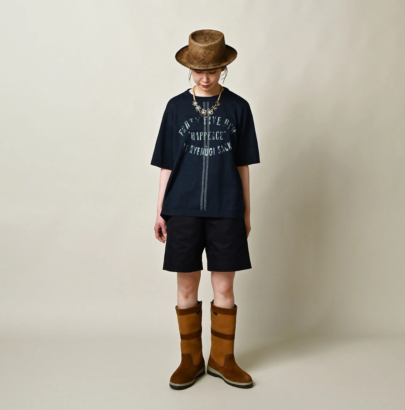 45R(フォーティファイブアール) |サックロゴプリントニットソーの908Tシャツ（インディゴ）