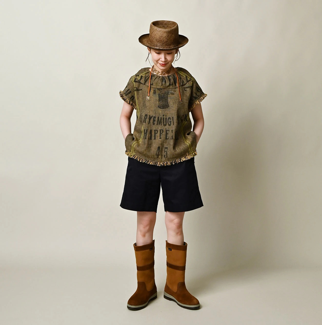 45R(フォーティファイブアール) |インドリネンサックのフリンジノースリーブトップ（藍）