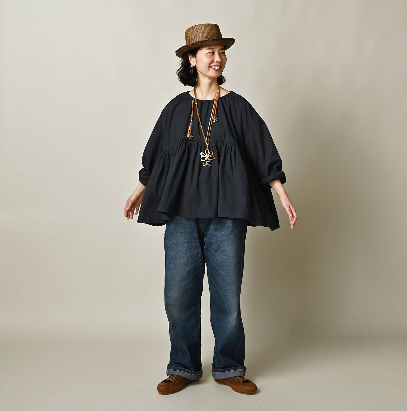 45R(フォーティファイブアール) |ONEONE 宝物のギャザーブラウス（インディゴ）