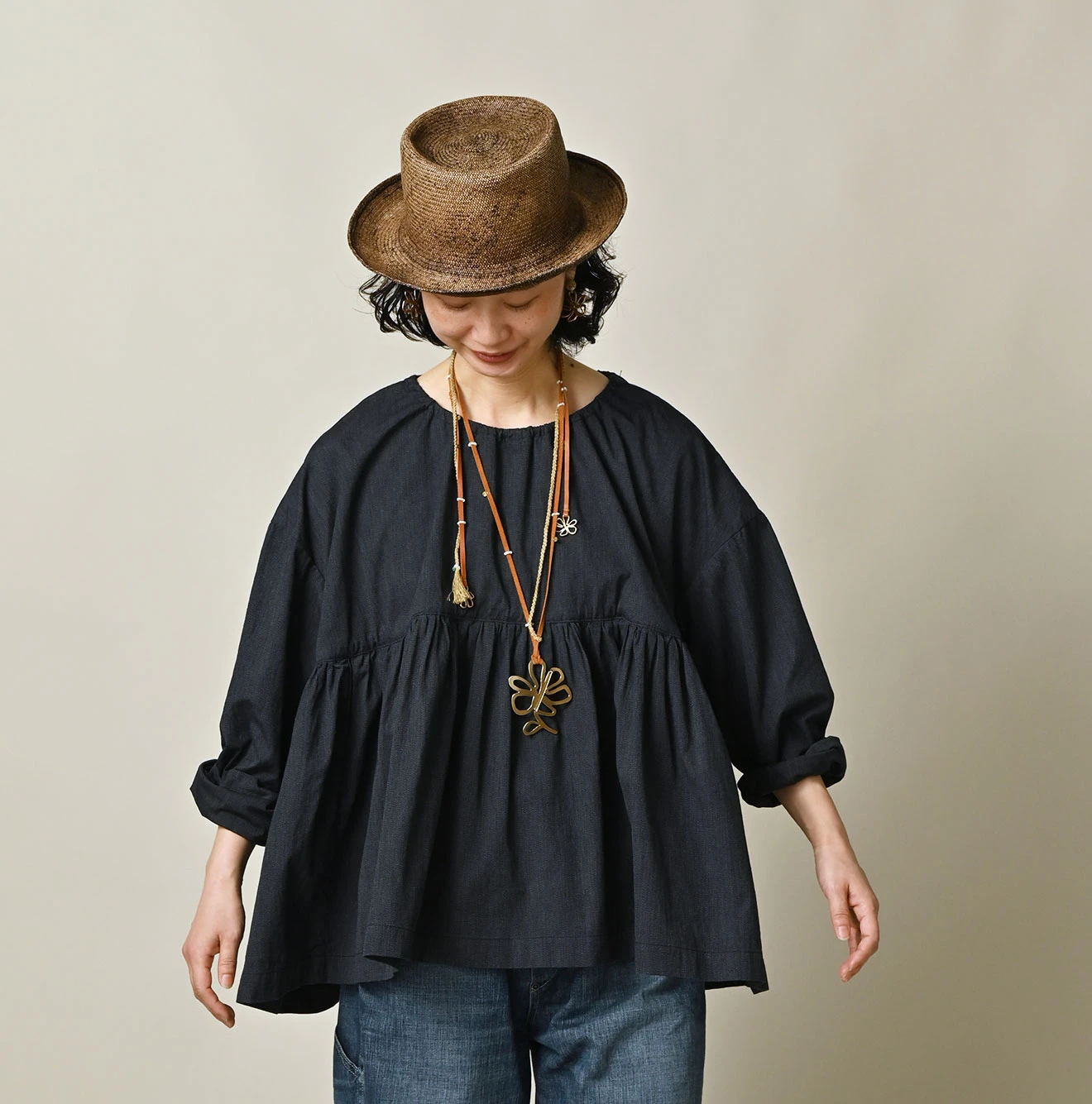 45R(フォーティファイブアール) |ONEONE 宝物のギャザーブラウス（インディゴ）