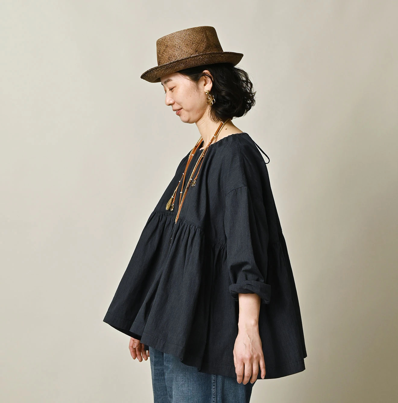 45R(フォーティファイブアール) |ONEONE 宝物のギャザーブラウス（インディゴ）