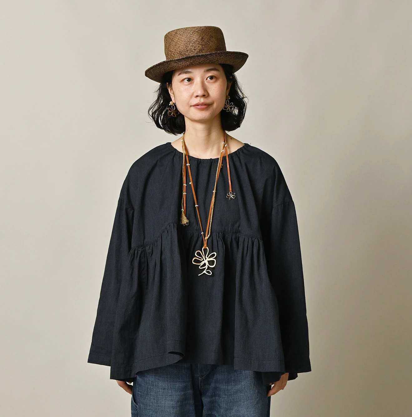 45R(フォーティファイブアール) |ONEONE 宝物のギャザーブラウス（インディゴ）