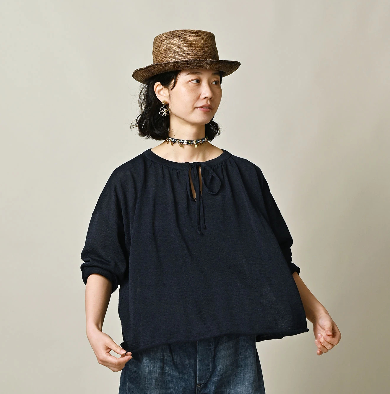 45R(フォーティファイブアール) |ギマのギャザーブラウス（インディゴ）