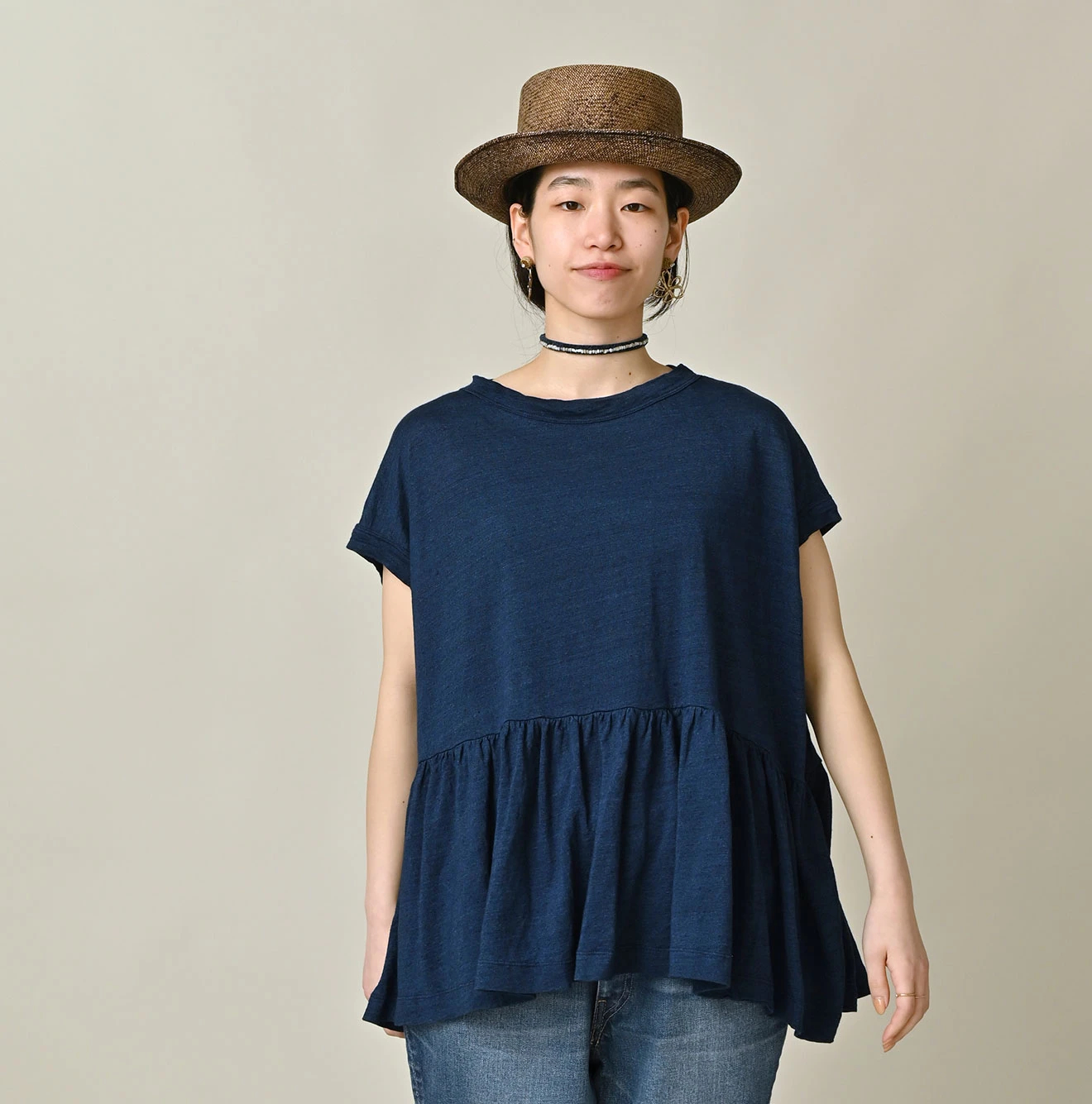 45R(フォーティファイブアール) |ONEONE 宝物のリネン天竺ギャザーMキャミ（インディゴ）