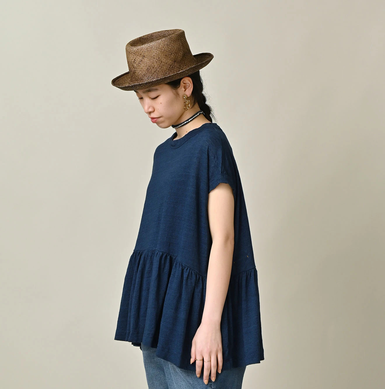 45R(フォーティファイブアール) |ONEONE 宝物のリネン天竺ギャザーMキャミ（インディゴ）