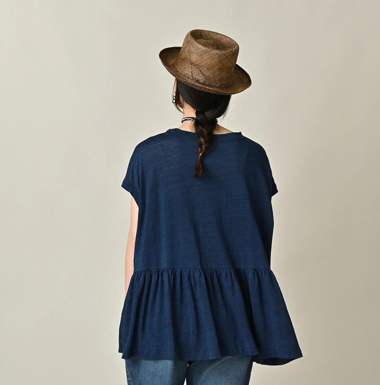 45R(フォーティファイブアール) |ONEONE 宝物のリネン天竺ギャザーMキャミ（インディゴ）