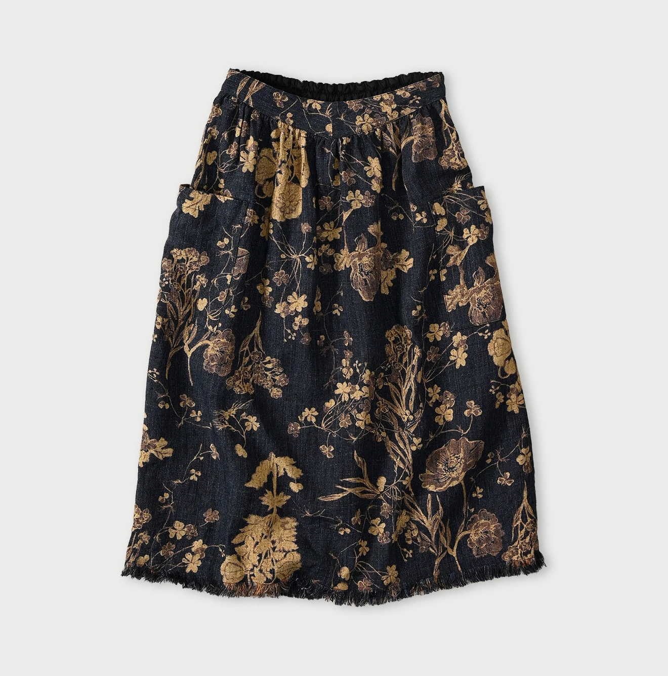 45R(フォーティファイブアール) |ギマゴザダックリンネルプリントのイージーエプロンスカート（インディゴ）