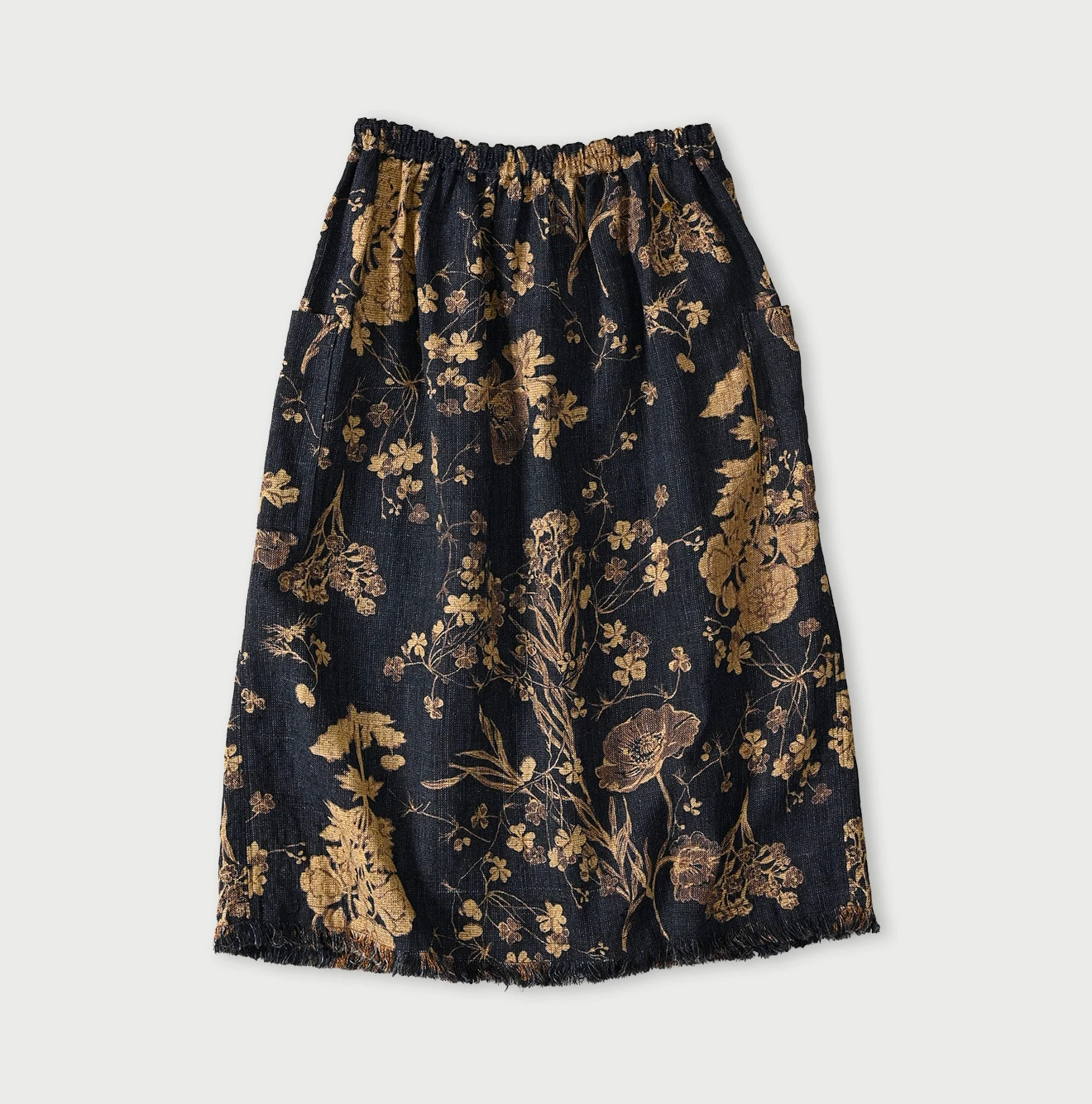 45R(フォーティファイブアール) |ギマゴザダックリンネルプリントのイージーエプロンスカート（インディゴ）