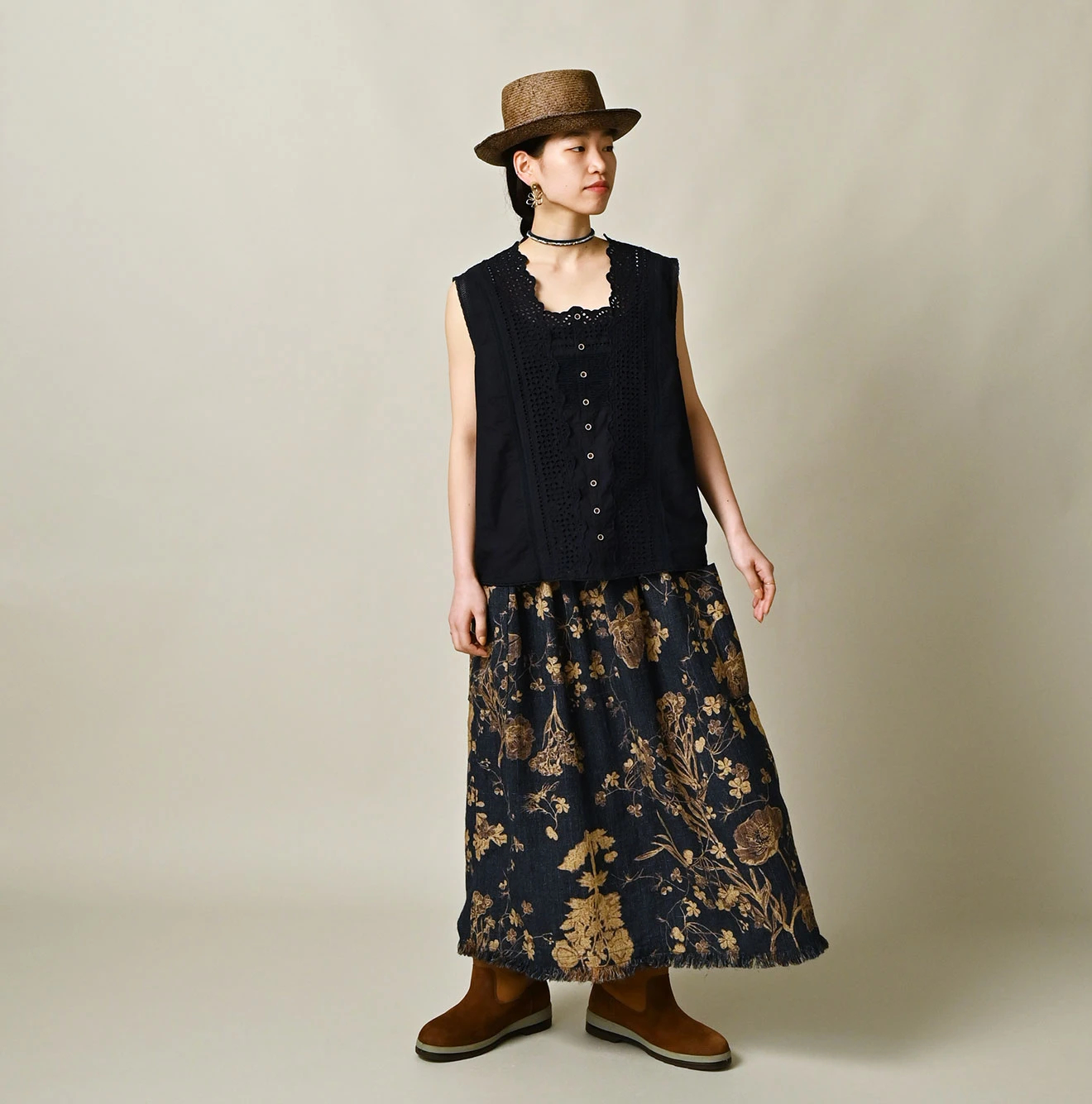 45R(フォーティファイブアール) |ギマゴザダックリンネルプリントのイージーエプロンスカート（インディゴ）