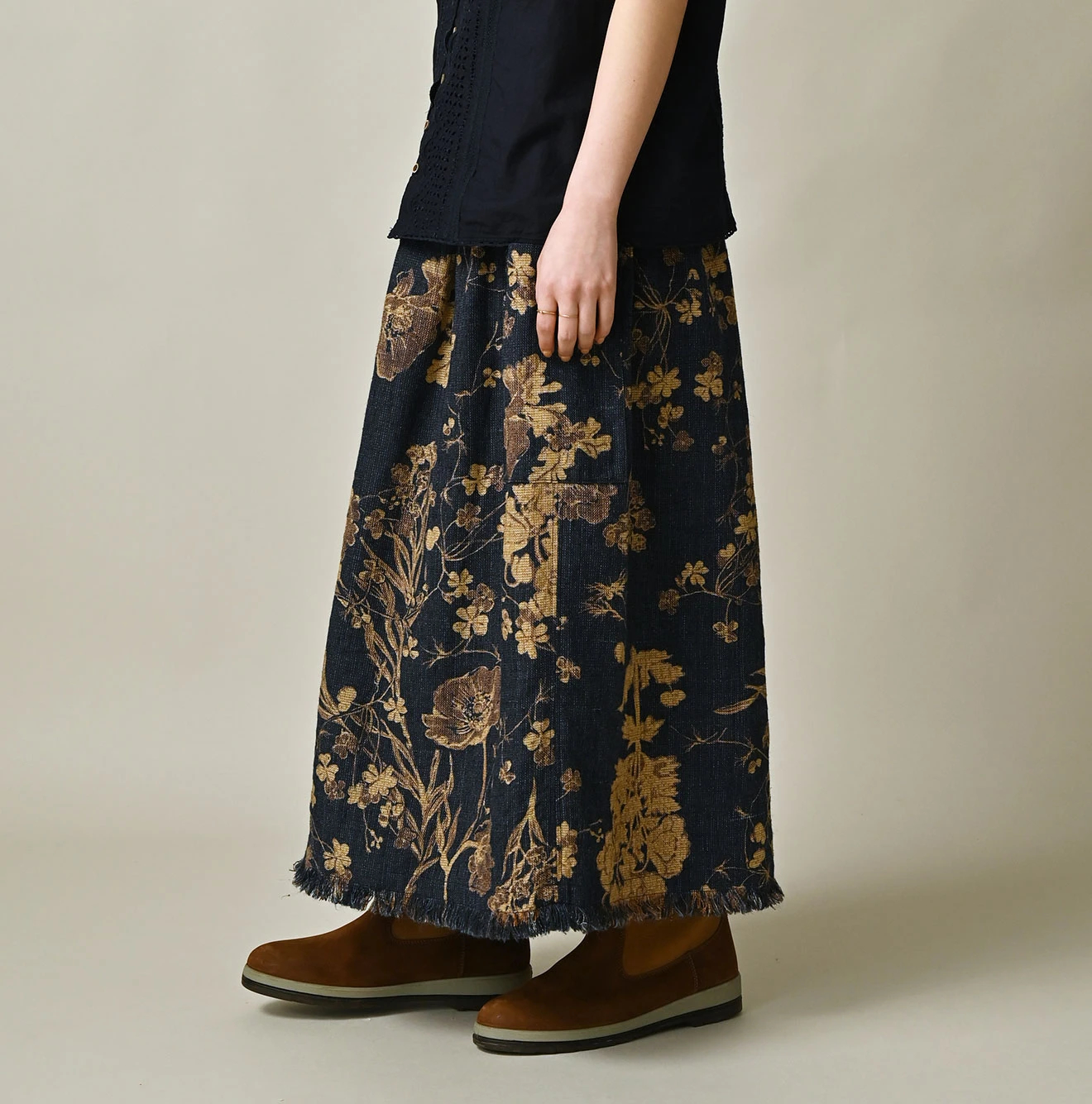 45R(フォーティファイブアール) |ギマゴザダックリンネルプリントのイージーエプロンスカート（インディゴ）