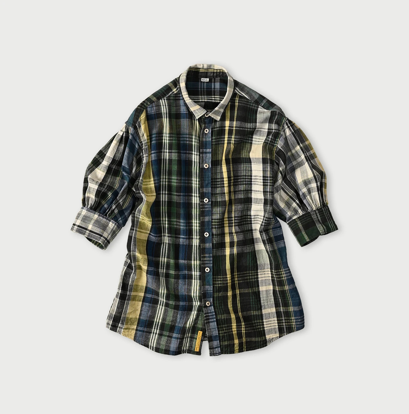 45R(フォーティファイブアール) |インドマ草木染マドラスチェックのチビ襟5分袖クッペシャツ