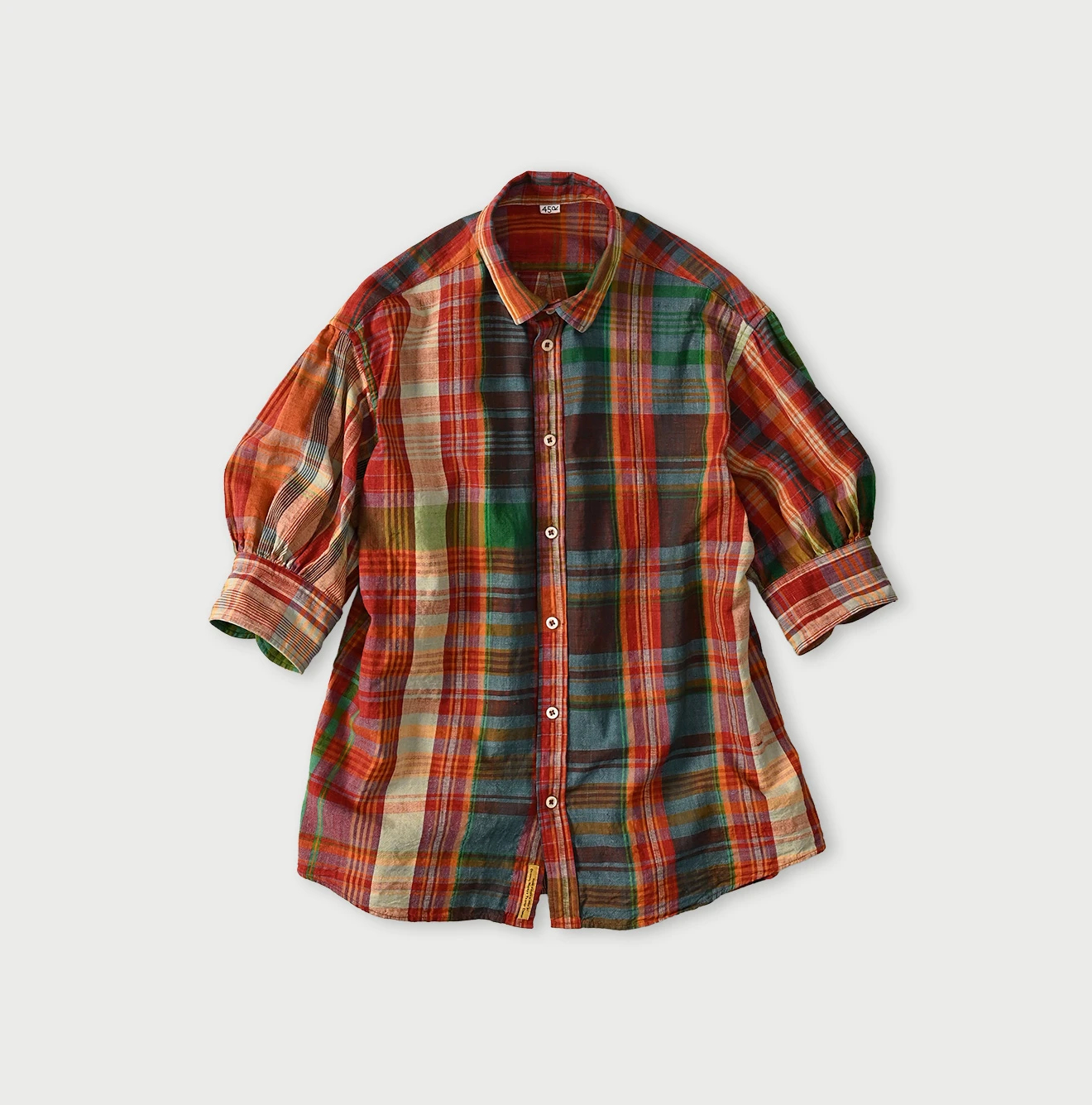 45R(フォーティファイブアール) |インドマ草木染マドラスチェックのチビ襟5分袖クッペシャツ