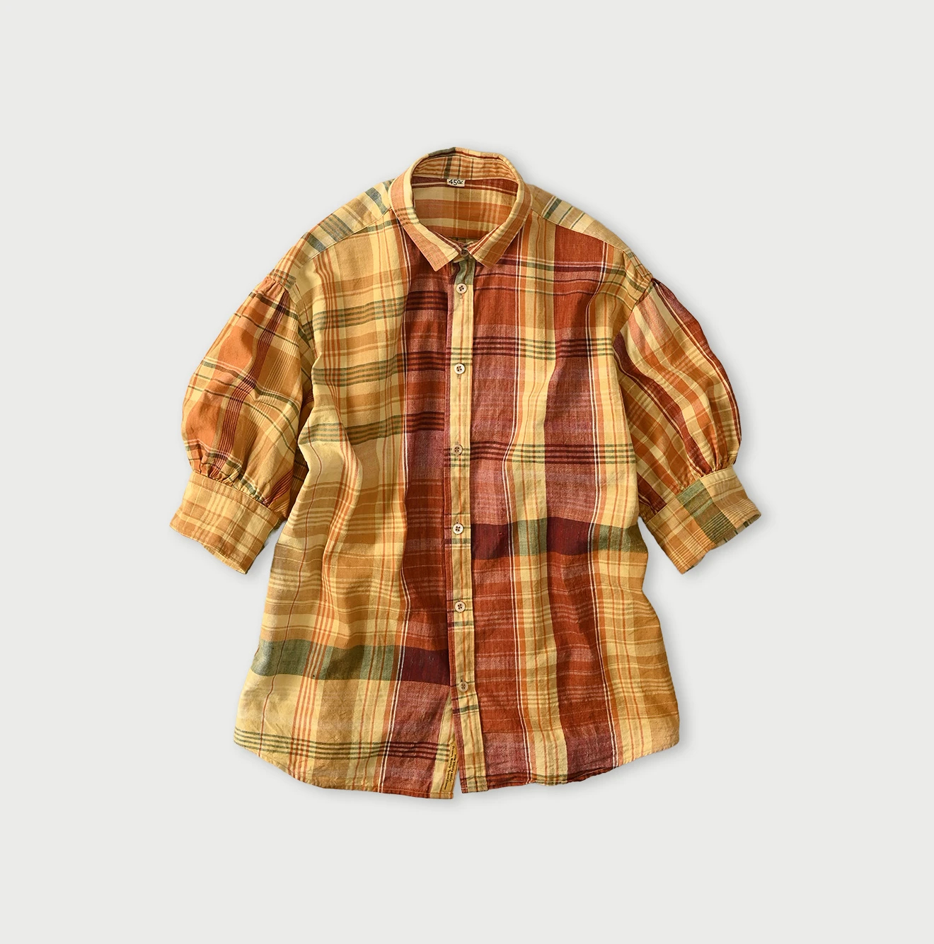 45R(フォーティファイブアール) |インドマ草木染マドラスチェックのチビ襟5分袖クッペシャツ