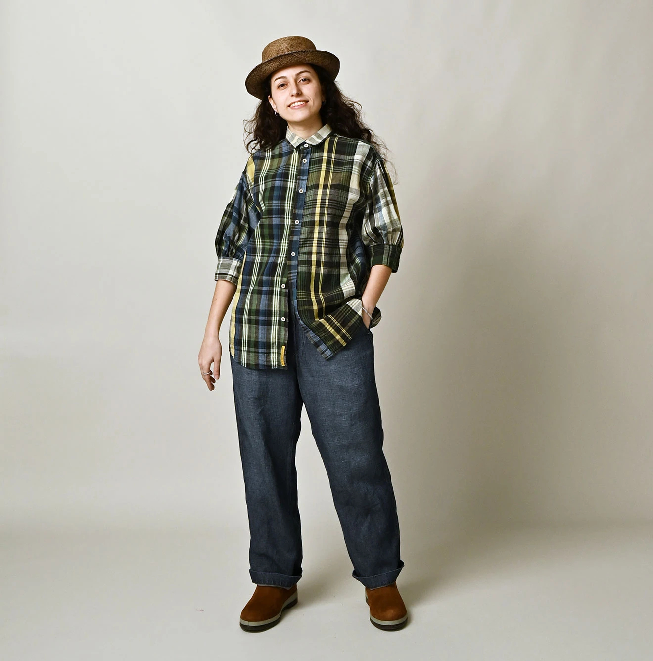 45R(フォーティファイブアール) |インドマ草木染マドラスチェックのチビ襟5分袖クッペシャツ