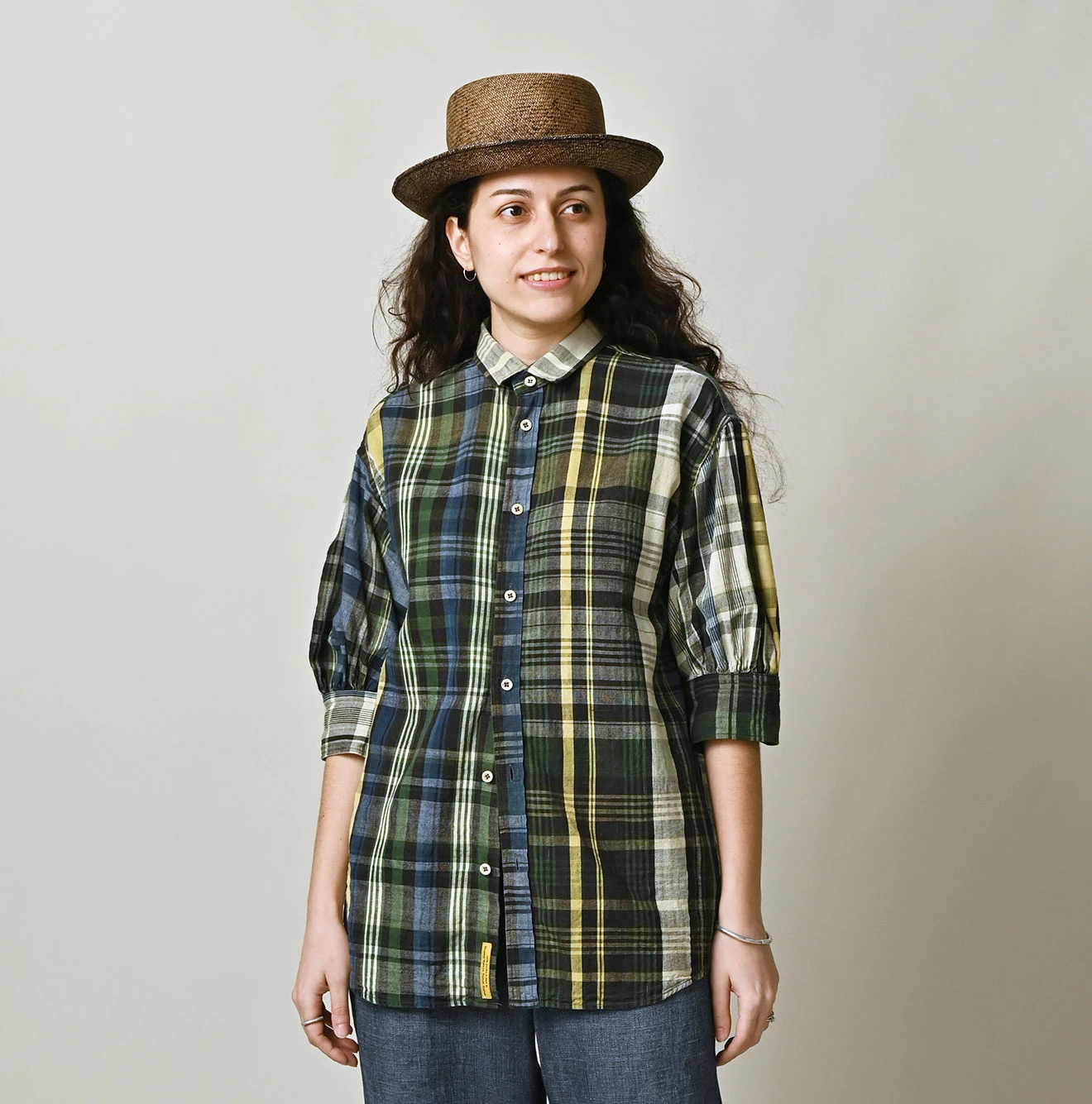 45R(フォーティファイブアール) |インドマ草木染マドラスチェックのチビ襟5分袖クッペシャツ