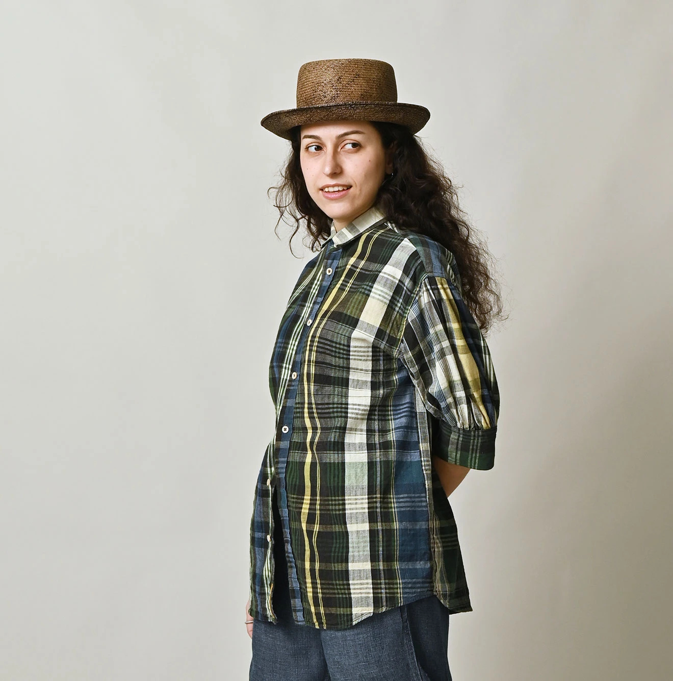 45R(フォーティファイブアール) |インドマ草木染マドラスチェックのチビ襟5分袖クッペシャツ