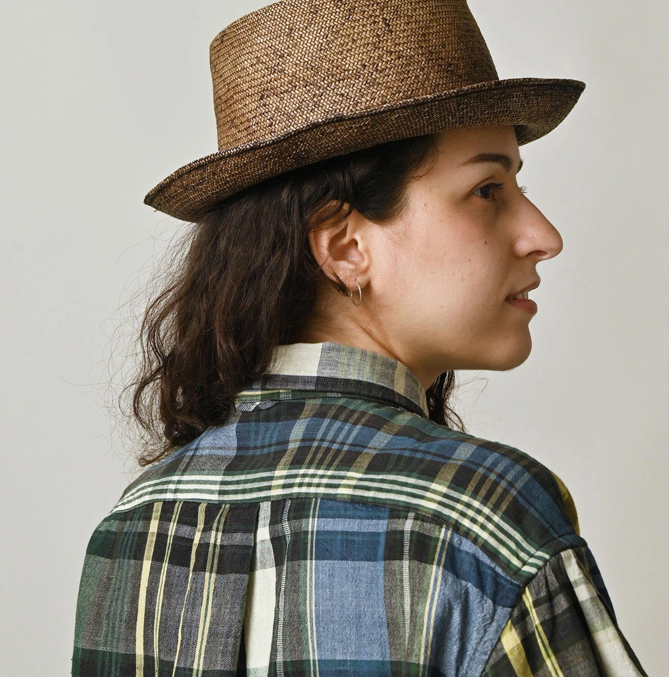 45R(フォーティファイブアール) |インドマ草木染マドラスチェックのチビ襟5分袖クッペシャツ