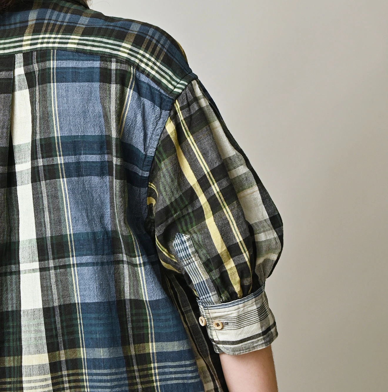 45R(フォーティファイブアール) |インドマ草木染マドラスチェックのチビ襟5分袖クッペシャツ