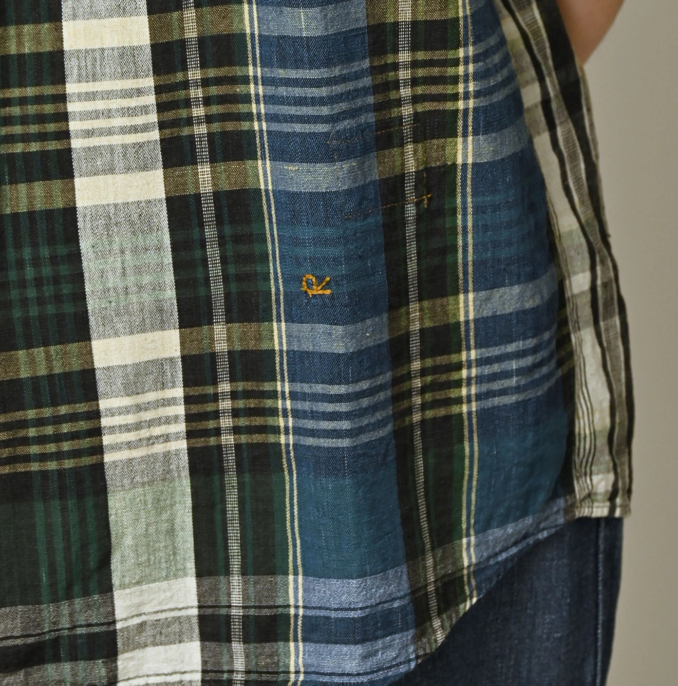 45R(フォーティファイブアール) |インドマ草木染マドラスチェックのチビ襟5分袖クッペシャツ