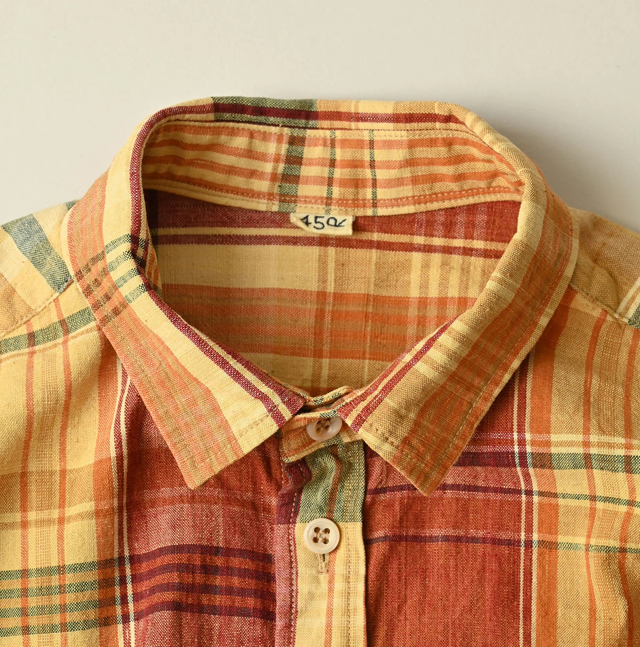 45R(フォーティファイブアール) |インドマ草木染マドラスチェックのチビ襟5分袖クッペシャツ
