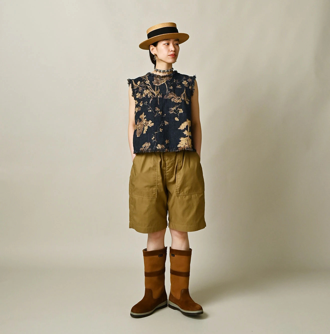 45R(フォーティファイブアール) |ギマゴザダックリンネルプリントのノースリーブトップ（インディゴ）