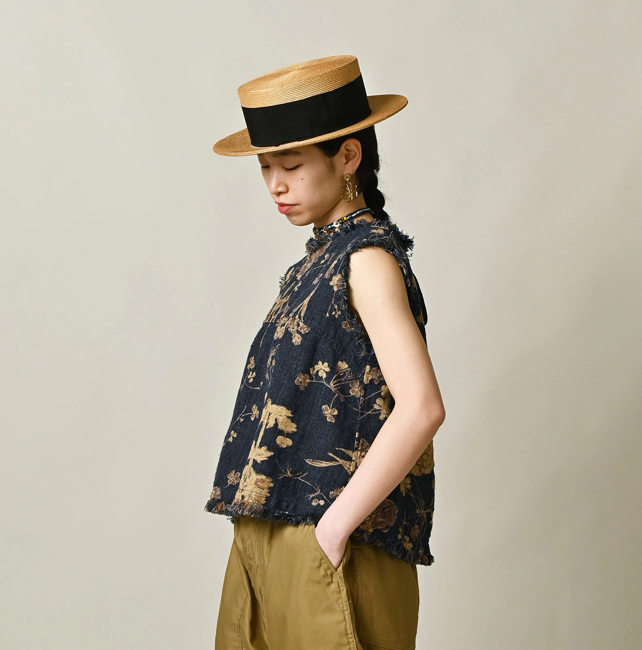 45R(フォーティファイブアール) |ギマゴザダックリンネルプリントのノースリーブトップ（インディゴ）