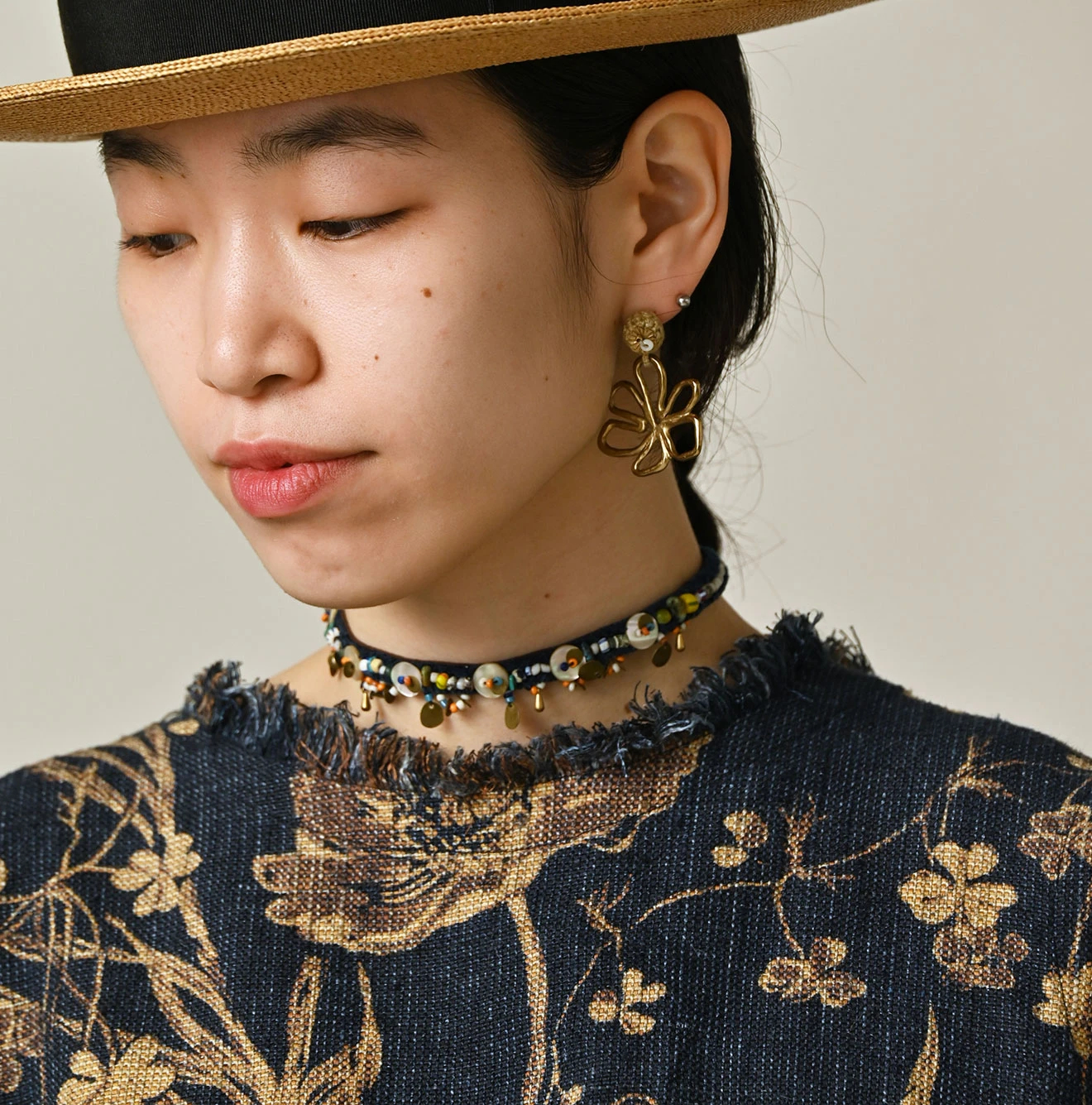 45R(フォーティファイブアール) |ギマゴザダックリンネルプリントのノースリーブトップ（インディゴ）