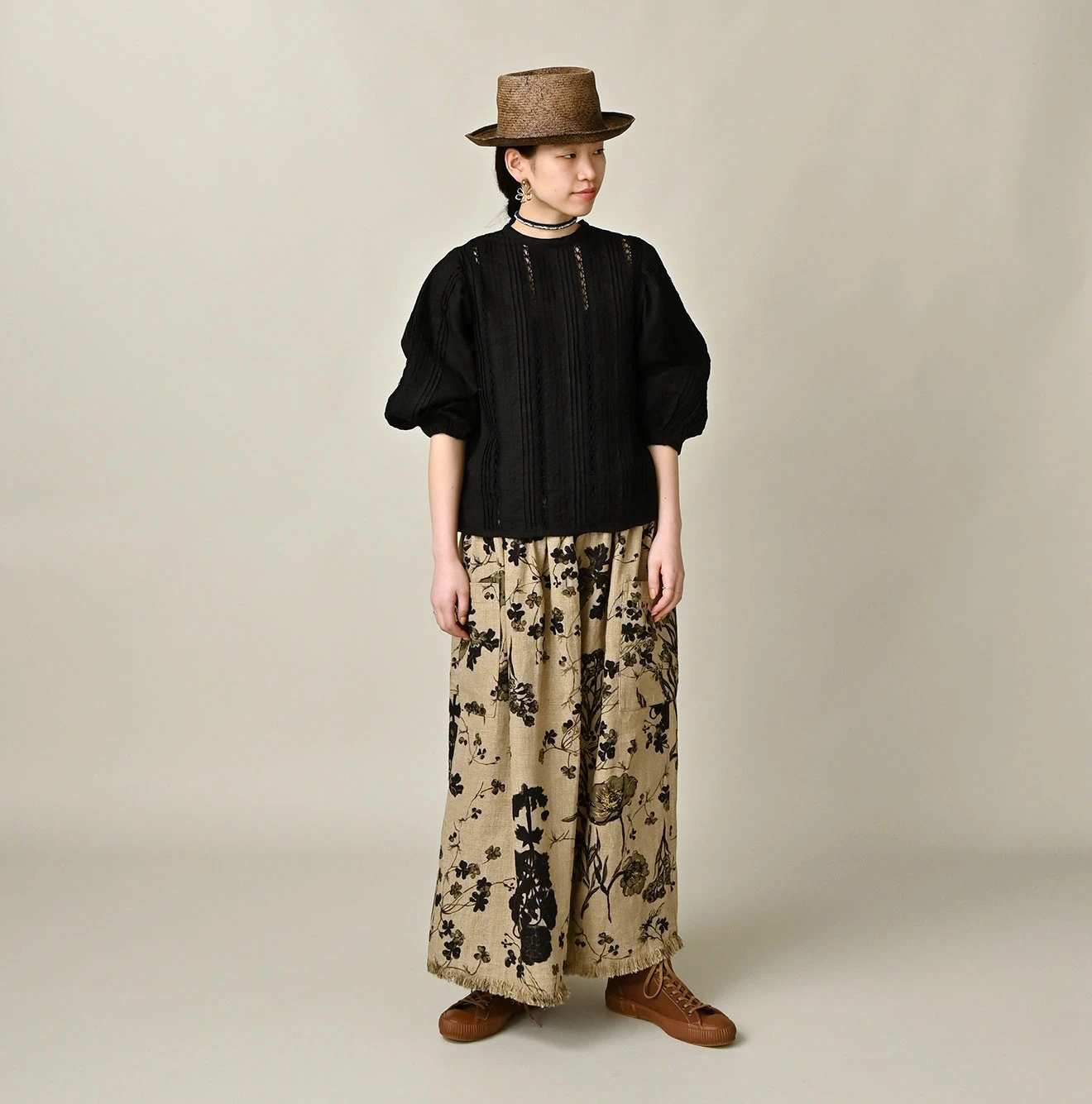 45R(フォーティファイブアール) |ギマゴザダックリンネルプリントのイージーエプロンスカート