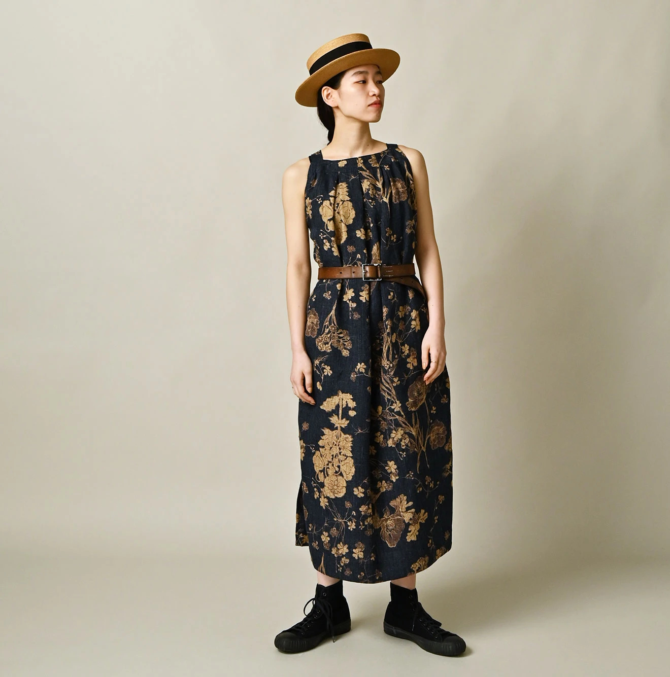 45R(フォーティファイブアール) |ギマゴザダックリンネルプリントのタックタックドレス（インディゴ）