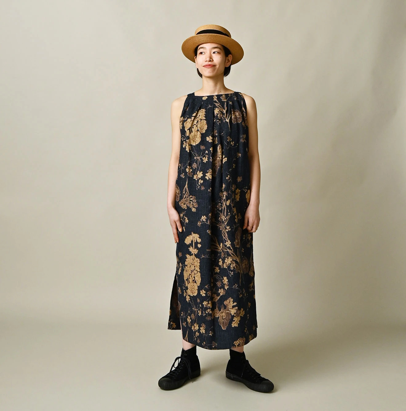 45R(フォーティファイブアール) |ギマゴザダックリンネルプリントのタックタックドレス（インディゴ）