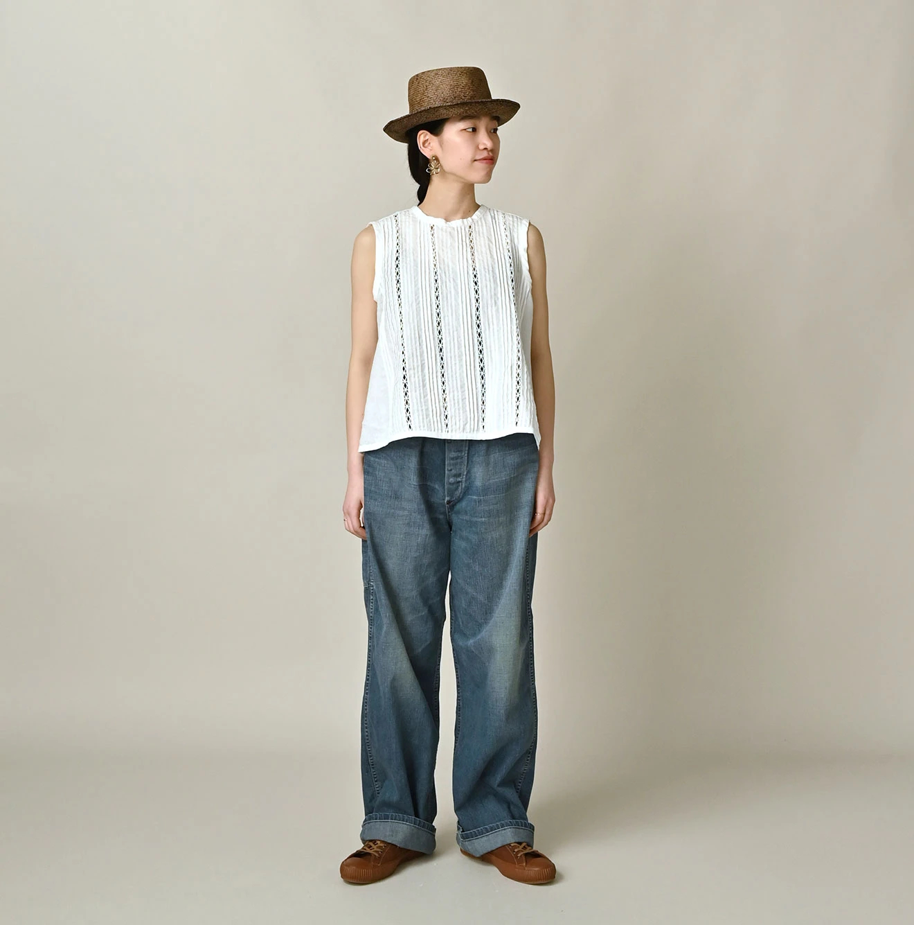 45R(フォーティファイブアール) |リネンのピンタックレースノースリーブトップ