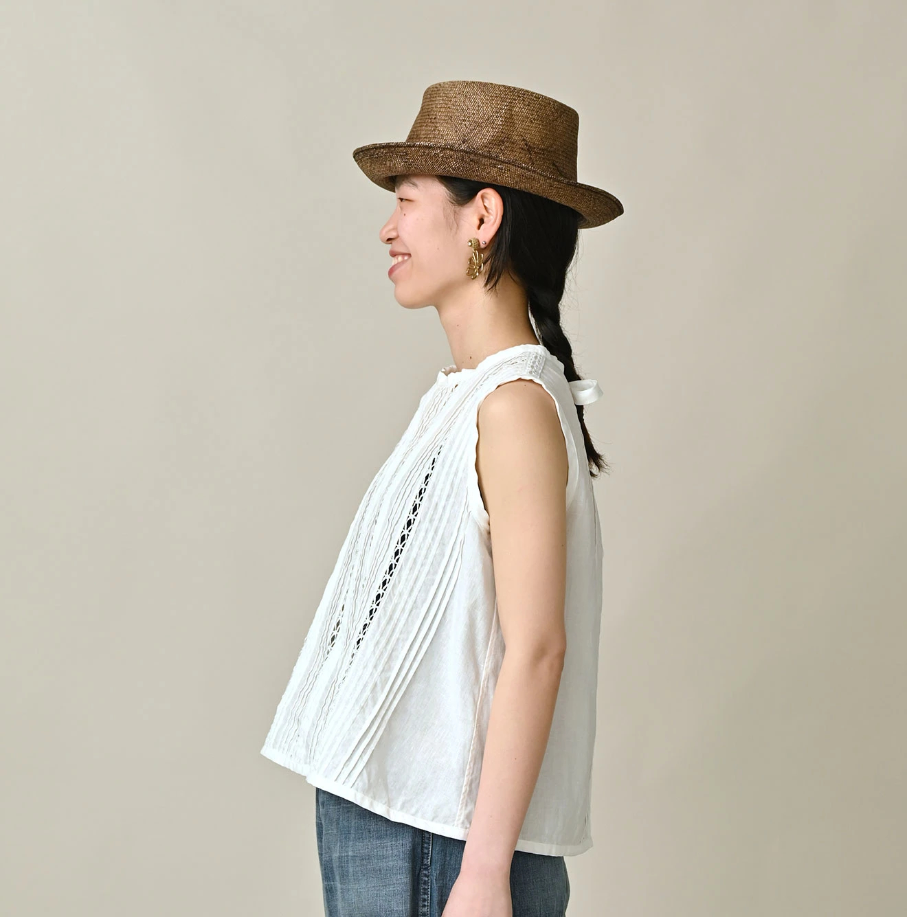 45R(フォーティファイブアール) |リネンのピンタックレースノースリーブトップ